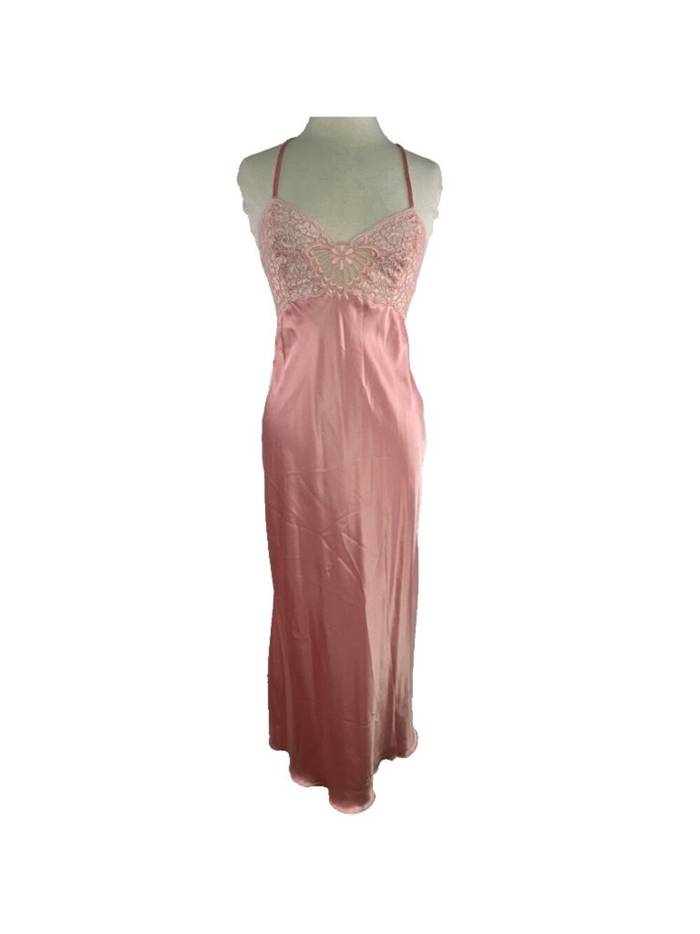 Fernando Sanchez Large Vintage Pink Satin Long Nightgown Lacy 80s 90s USA Made